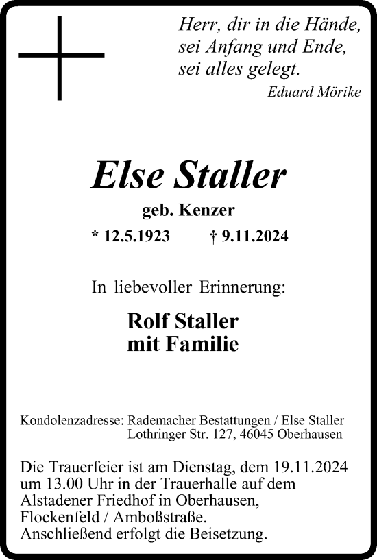 Traueranzeige von Else Staller von Tageszeitung