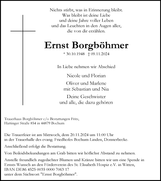 Traueranzeige von Ernst Borgböhmer von Tageszeitung