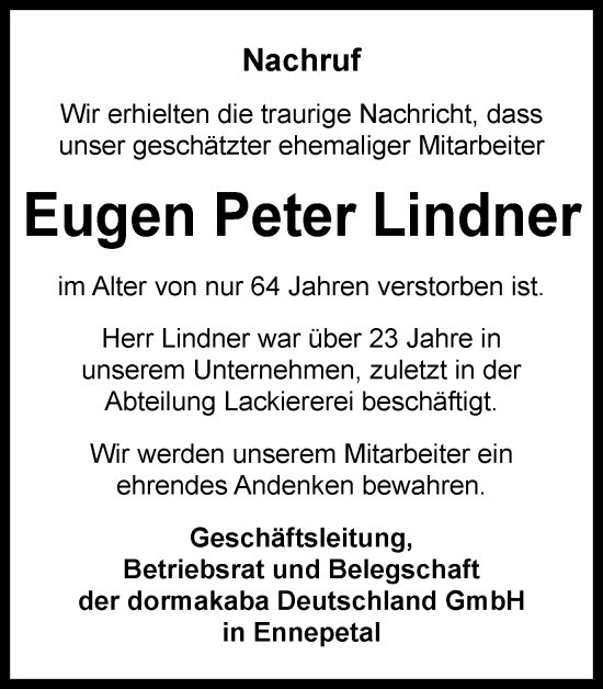 Traueranzeige von Eugen Peter Lindner von Tageszeitung