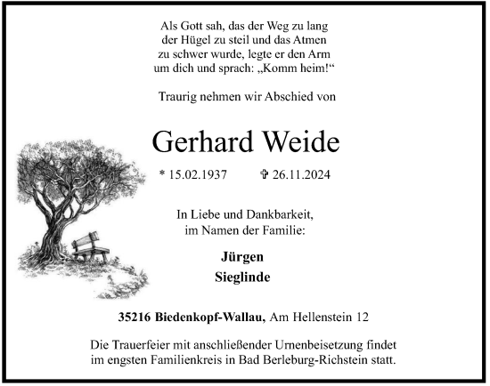 Traueranzeige von Gerhard Weide von Tageszeitung