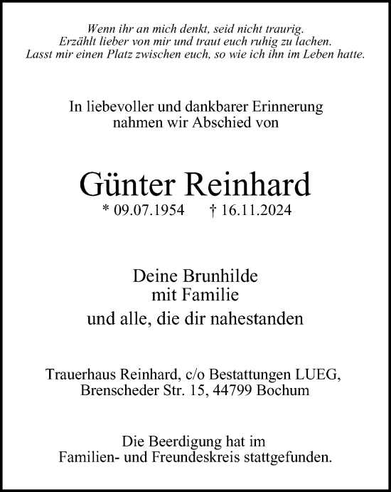 Traueranzeige von Günter Reinhard von Tageszeitung