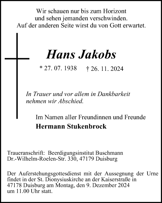 Traueranzeige von Hans Jakobs von Tageszeitung