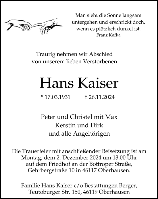 Traueranzeige von Hans Kaiser von Tageszeitung