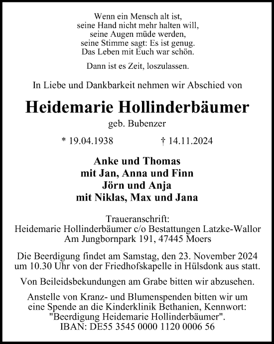 Traueranzeige von Heidemarie Hollinderbäumer von Tageszeitung