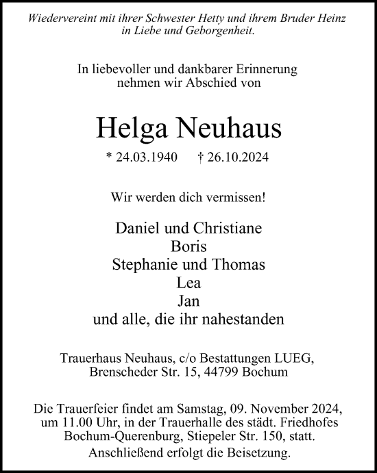 Traueranzeige von Helga Neuhaus von Tageszeitung