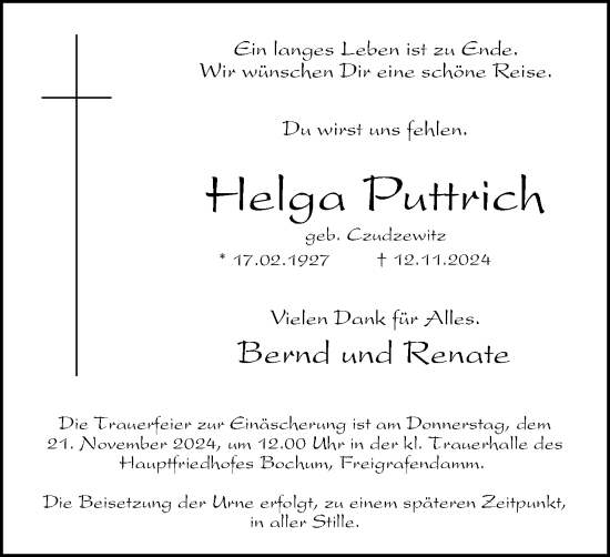 Traueranzeige von Helga Puttrich von Tageszeitung