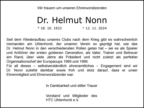 Traueranzeige von Helmut Nonn von Tageszeitung