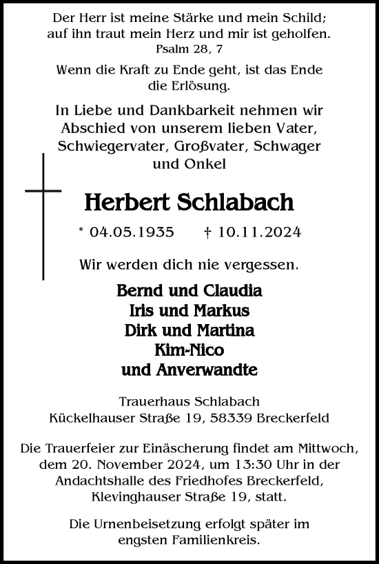 Traueranzeige von Herbert Schlabach von Tageszeitung