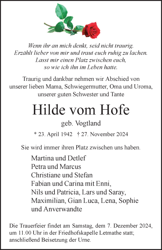 Traueranzeige von Hilde vom Hofe von Tageszeitung