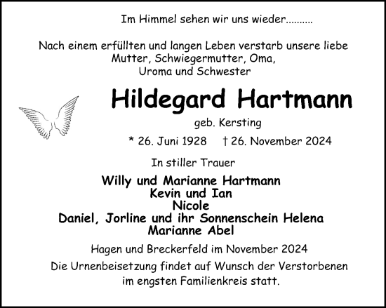 Traueranzeige von Hildegard Hartmann von Tageszeitung