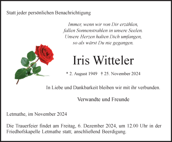 Traueranzeige von Iris Witteler von Tageszeitung