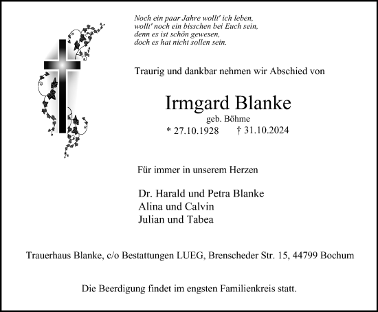 Traueranzeige von Irmgard Blanke von Tageszeitung