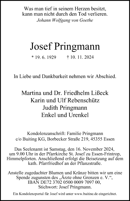 Traueranzeige von Josef Pringmann von Tageszeitung