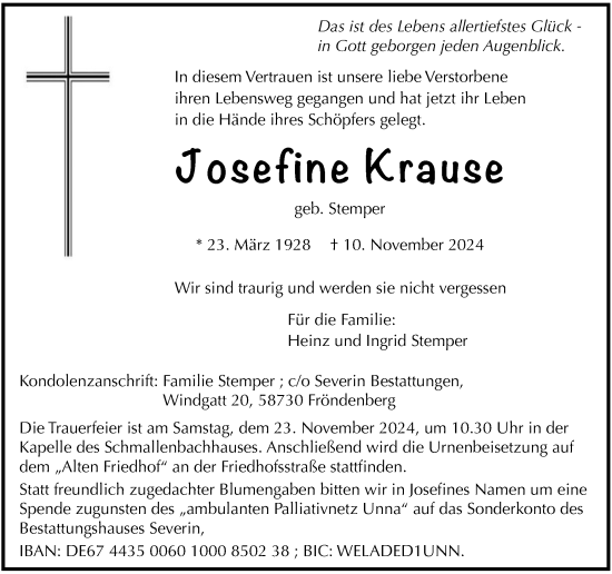 Traueranzeige von Josefine Krause von Tageszeitung