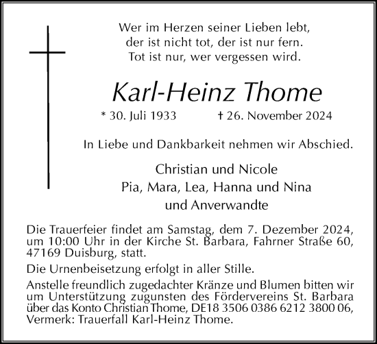 Traueranzeige von Karl-Heinz Thome von Tageszeitung