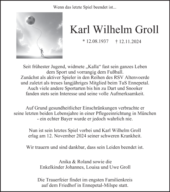 Traueranzeige von Karl Wilhelm Groll von Tageszeitung