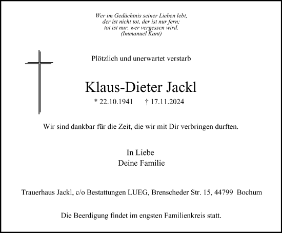 Traueranzeige von Klaus-Dieter Jackl von Tageszeitung