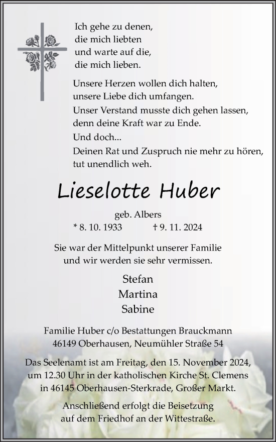 Traueranzeige von Lieselotte Huber von Tageszeitung