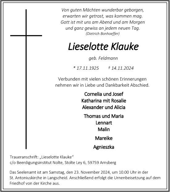 Traueranzeige von Lieselotte Klauke von Tageszeitung