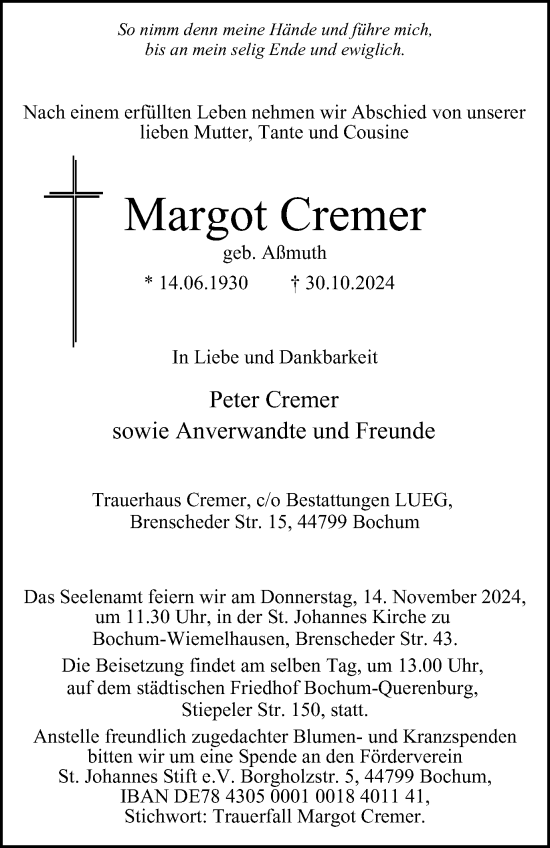 Traueranzeige von Margot Cremer von Tageszeitung