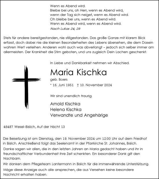 Traueranzeige von Maria Kischka von Tageszeitung