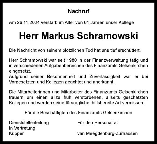 Traueranzeige von Markus Schramowski von Tageszeitung