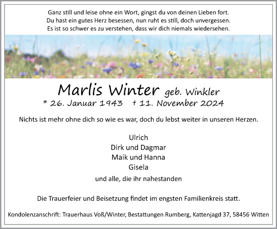 Traueranzeige von Marlis Winter von Tageszeitung