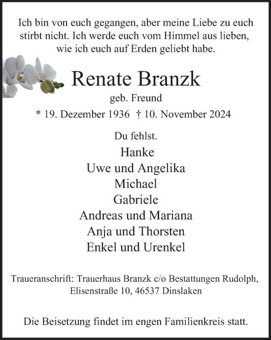 Traueranzeige von Renate Branzk von Tageszeitung