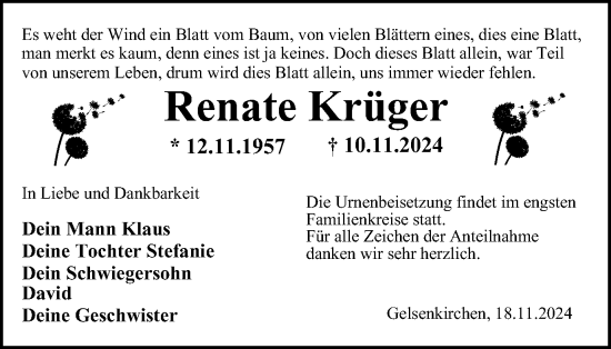 Traueranzeige von Renate Krüger von Tageszeitung