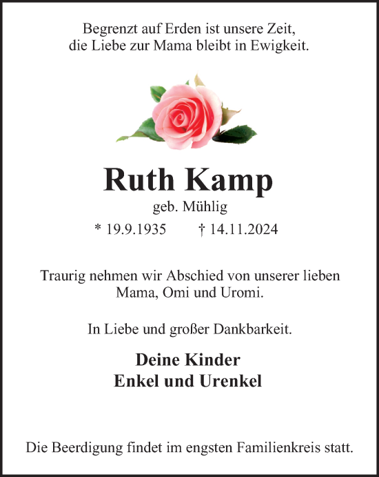 Traueranzeige von Ruth Kamp von Tageszeitung