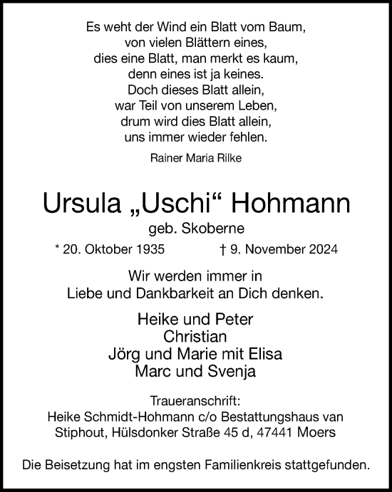 Traueranzeige von Ursula  Hohmann von Tageszeitung