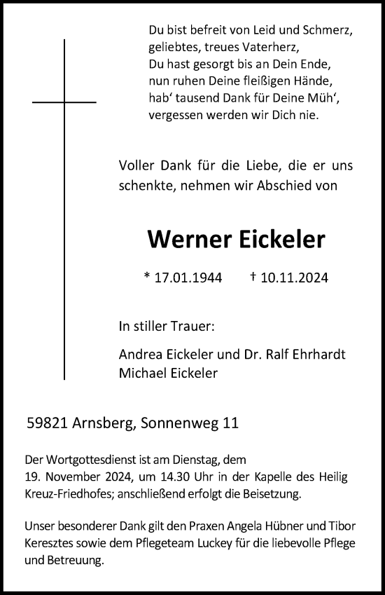 Traueranzeige von Werner Eickeler von Tageszeitung