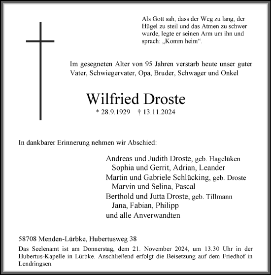 Traueranzeige von Wilfried Droste von Tageszeitung