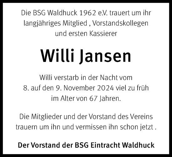 Traueranzeige von Willi Jansen von Tageszeitung