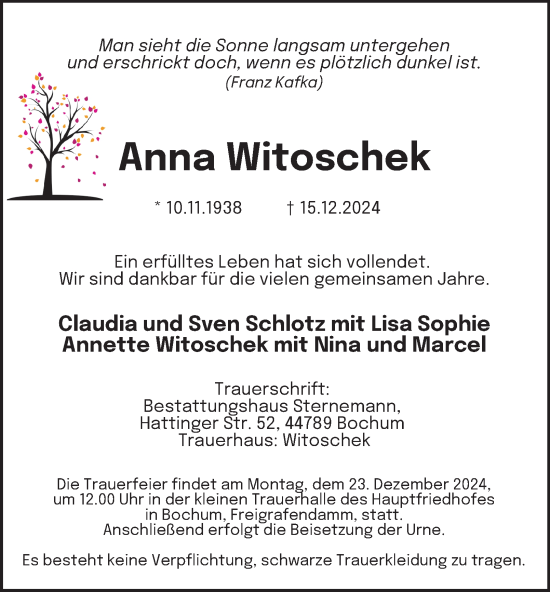 Traueranzeige von Anna Witoschek von Tageszeitung