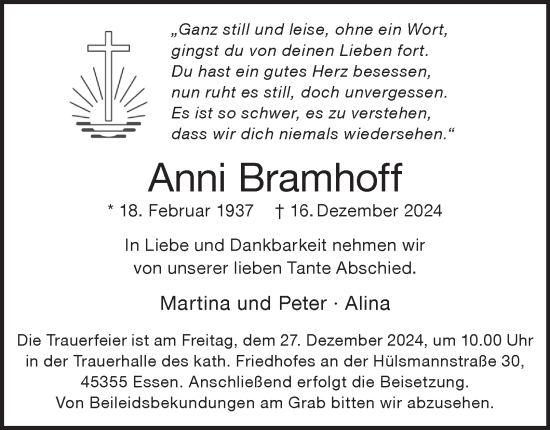 Traueranzeige von Anni Bramhoff von Tageszeitung