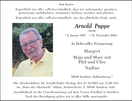 Traueranzeige von Arnold Puppe von Tageszeitung