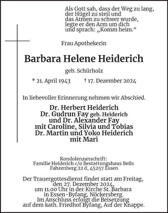 Traueranzeige von Barbara  Heiderich von Tageszeitung