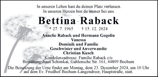 Traueranzeige von Bettina Raback von Tageszeitung