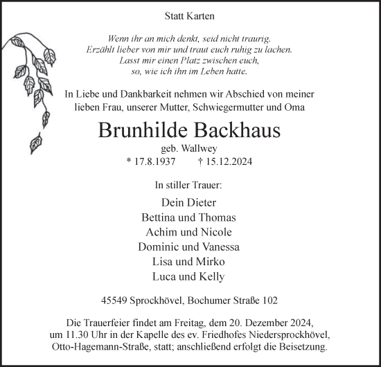 Traueranzeige von Brunhilde Backhaus von Tageszeitung