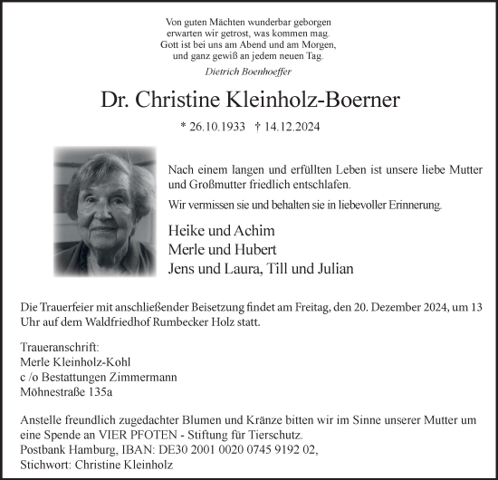 Traueranzeige von Christine Kleinholz-Boerner von Tageszeitung