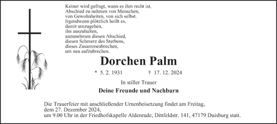 Traueranzeige von Dorchen Palm von Tageszeitung