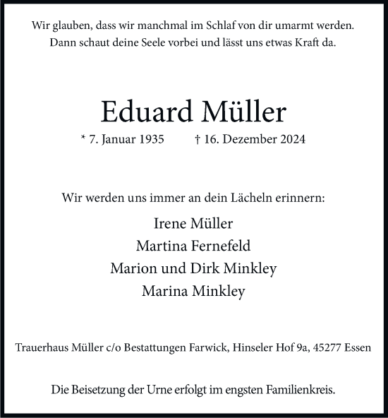 Traueranzeige von Eduard Müller von Tageszeitung