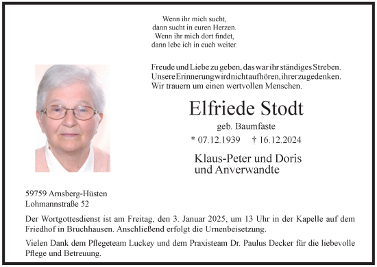 Traueranzeige von Elfriede Stodt von Tageszeitung