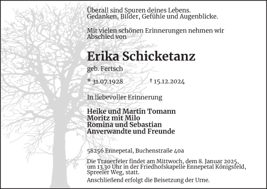 Traueranzeige von Erika Schicketanz von Tageszeitung