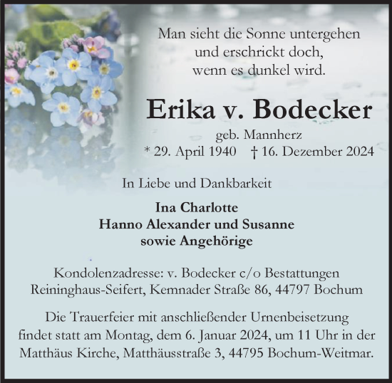 Traueranzeige von Erika  v. Bodecker von Tageszeitung