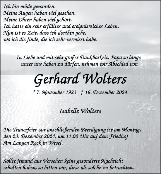 Traueranzeige von Gerhard Wolters von Tageszeitung