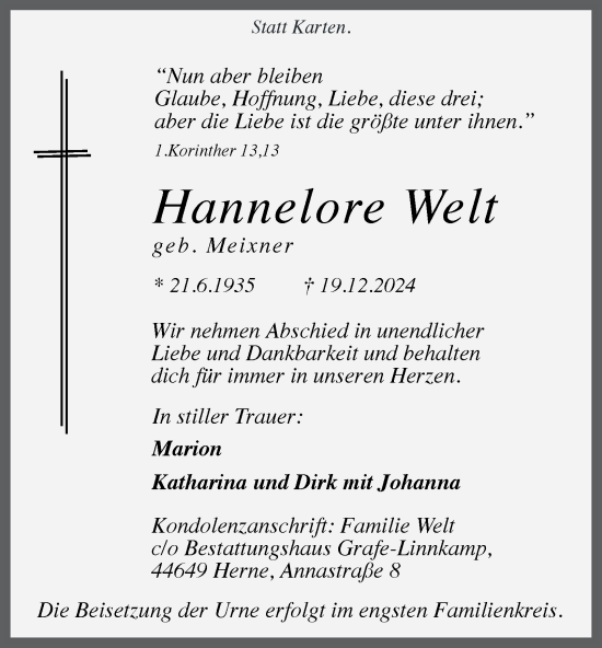 Traueranzeige von Hannelore Welt von Tageszeitung