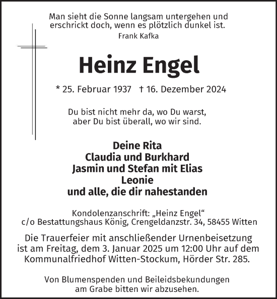 Traueranzeige von Heinz Engel von Tageszeitung