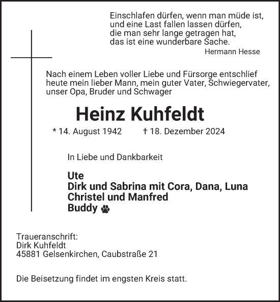 Traueranzeige von Heinz Kuhfeldt von Tageszeitung